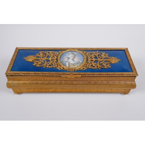 11 - A C19th French ormolu and enamel jewellery box decorated with a portrait of Marie Antoinette, signed... 