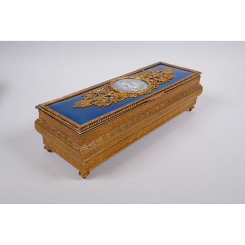 11 - A C19th French ormolu and enamel jewellery box decorated with a portrait of Marie Antoinette, signed... 