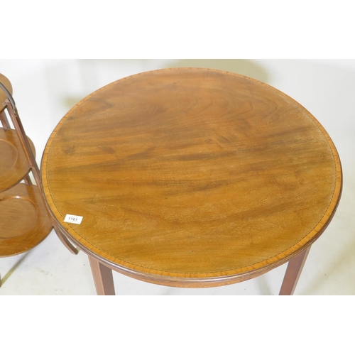 1101 - A Victorian inlaid mahogany occasional table, together with a walnut three tier folding cake stand, ... 