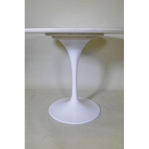 1106 - A white lacquered tulip table with wood top and aluminium base in the manner of Eero Saarinen, 100cm... 