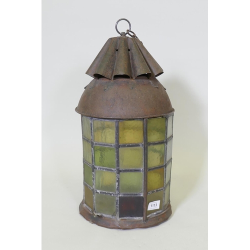 1113 - A leaded glass hanging lantern, 50cm high