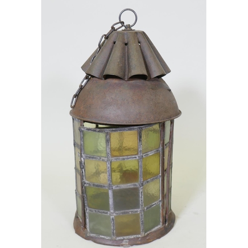 1113 - A leaded glass hanging lantern, 50cm high