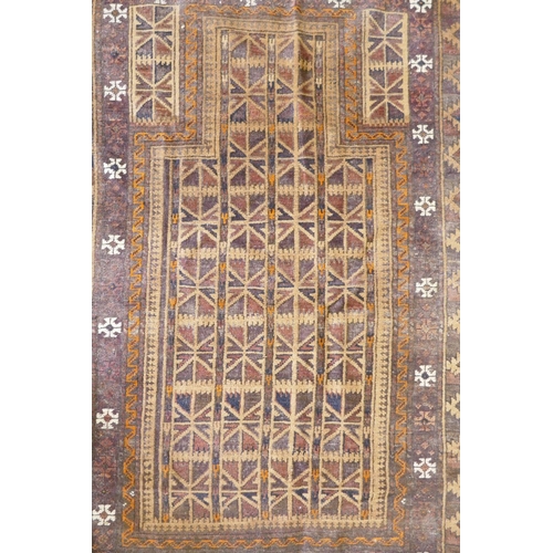 1115 - An antique Persian handwoven brown ground prayer mat with geometric directional design, worn, 96 x 1... 