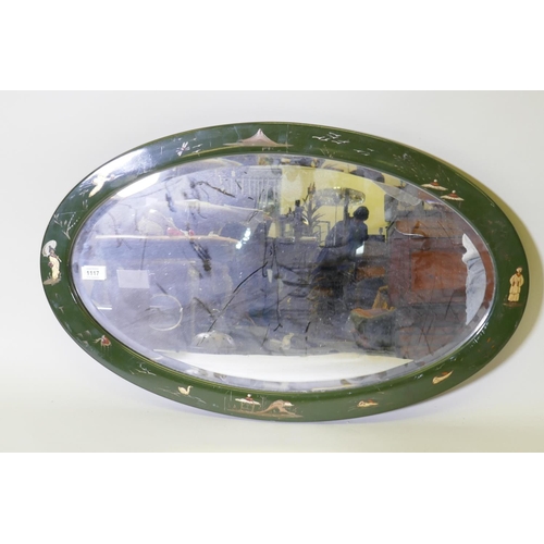 1117 - 1920s green lacquer oval mirror with raised chinoiserie decoration and bevelled glass, 77 x 47cm