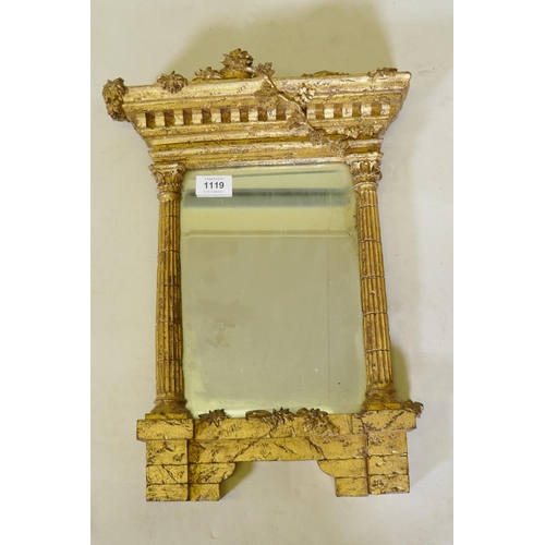 1119 - A vintage carved giltwood pier glass in the form of a portico, with bevelled glass, 46 x 28cm