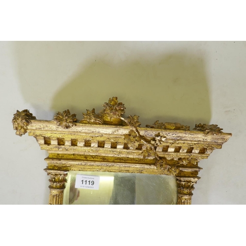 1119 - A vintage carved giltwood pier glass in the form of a portico, with bevelled glass, 46 x 28cm