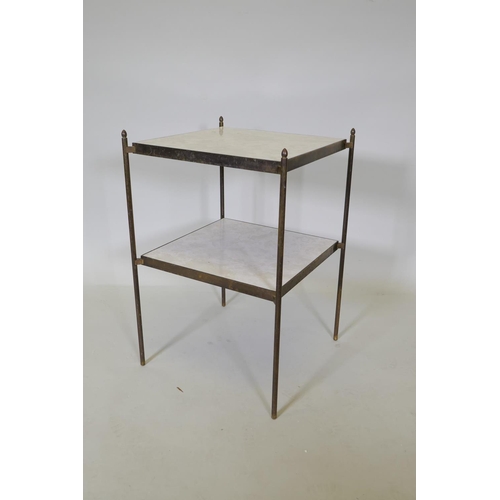 1120 - A solid brass two tier occasional table with formica tops, 42 x 42cm, 63cm high