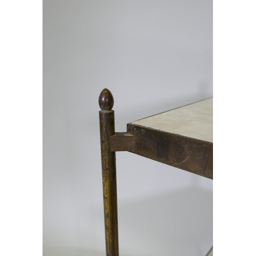 1120 - A solid brass two tier occasional table with formica tops, 42 x 42cm, 63cm high