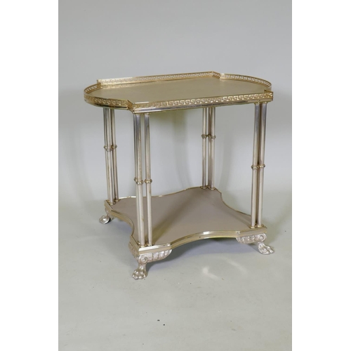 1127 - A mid century gilt metal two tier side table, with pierced gallery top, faux leather tops united by ... 