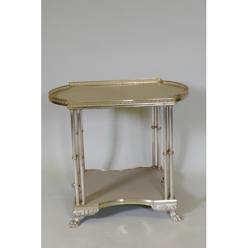 1127 - A mid century gilt metal two tier side table, with pierced gallery top, faux leather tops united by ... 