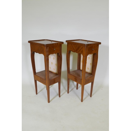 1143 - A pair of French parquetry lamp tables, with pull up screens and frieze drawer, the undertier with l... 