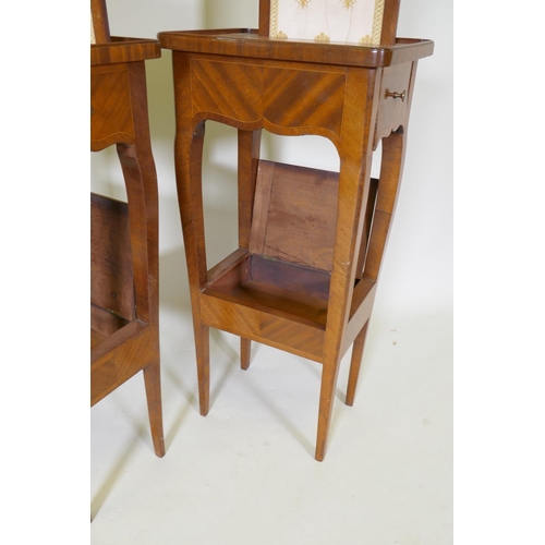 1143 - A pair of French parquetry lamp tables, with pull up screens and frieze drawer, the undertier with l... 