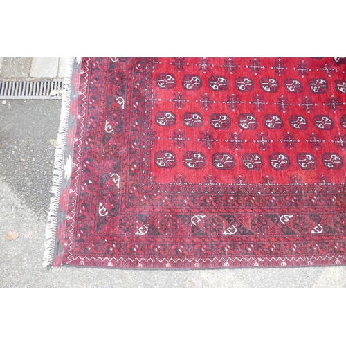 1144 - A hand woven wool Bokhara carpet, faded one end, 200 x 300cm