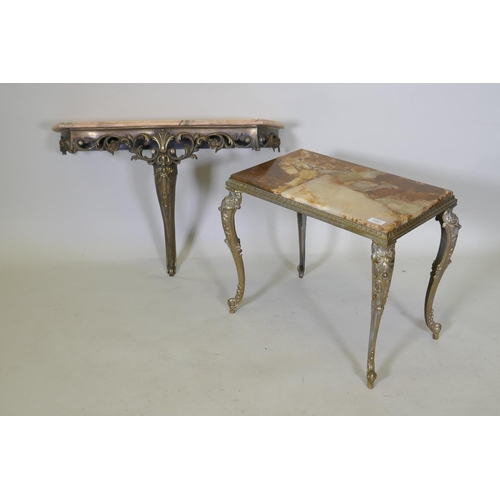 1157 - A mid century brass console table with marble top, 74 x 26 x 54cm, and an onyx top occasional table ... 