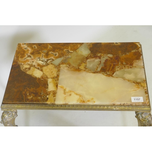 1157 - A mid century brass console table with marble top, 74 x 26 x 54cm, and an onyx top occasional table ... 