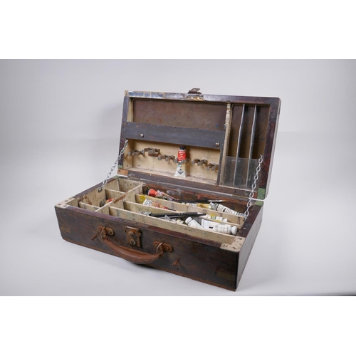 117 - An antique brass mounted rosewood writing slope, historically converted to an artist's box, with con... 