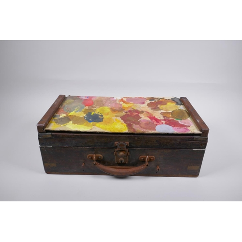 117 - An antique brass mounted rosewood writing slope, historically converted to an artist's box, with con... 