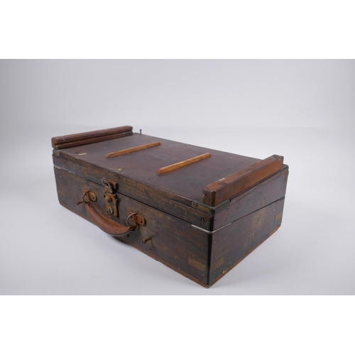 117 - An antique brass mounted rosewood writing slope, historically converted to an artist's box, with con... 