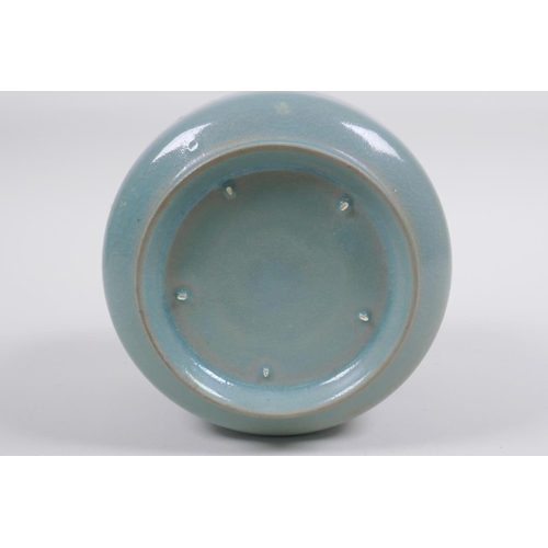 120 -  Chinese Ru ware style celadon glazed jar with twin mask decoration, 12cm high x 12cm diameter