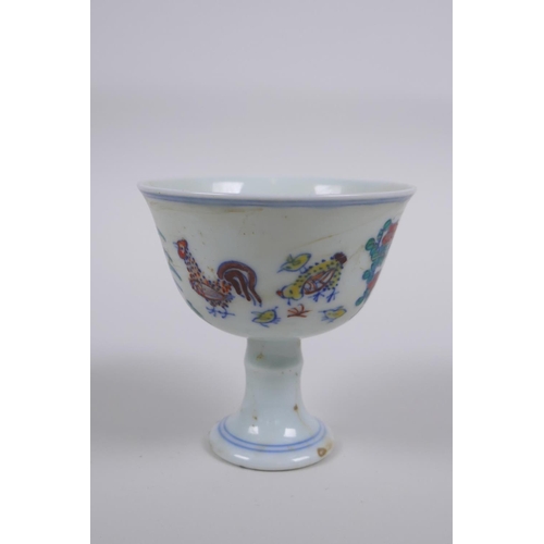 123 - A Doucai porcelain stem cup with chicken decoration, Chinese Chenghua 6 character mark to base, 8cm ... 