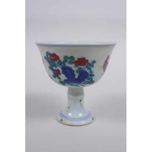 123 - A Doucai porcelain stem cup with chicken decoration, Chinese Chenghua 6 character mark to base, 8cm ... 