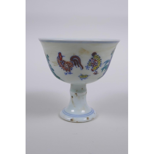 123 - A Doucai porcelain stem cup with chicken decoration, Chinese Chenghua 6 character mark to base, 8cm ... 