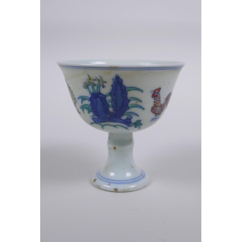 123 - A Doucai porcelain stem cup with chicken decoration, Chinese Chenghua 6 character mark to base, 8cm ... 