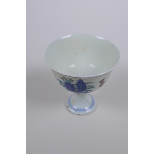 123 - A Doucai porcelain stem cup with chicken decoration, Chinese Chenghua 6 character mark to base, 8cm ... 