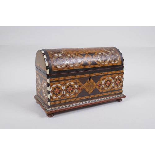 127 - An antique parquetry inlaid jewellery casket, 21 x 10cm, 13cm high