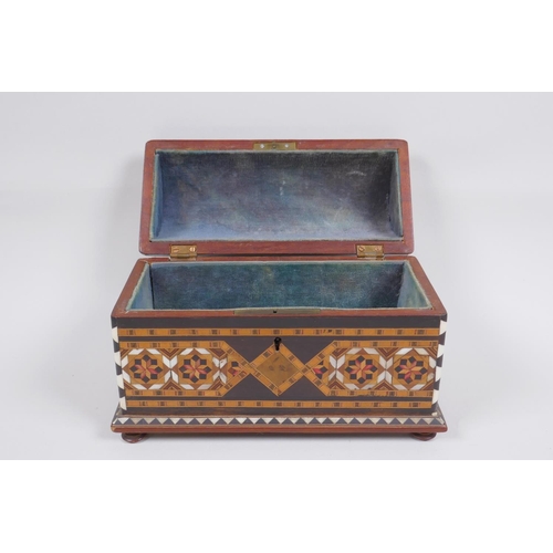 127 - An antique parquetry inlaid jewellery casket, 21 x 10cm, 13cm high