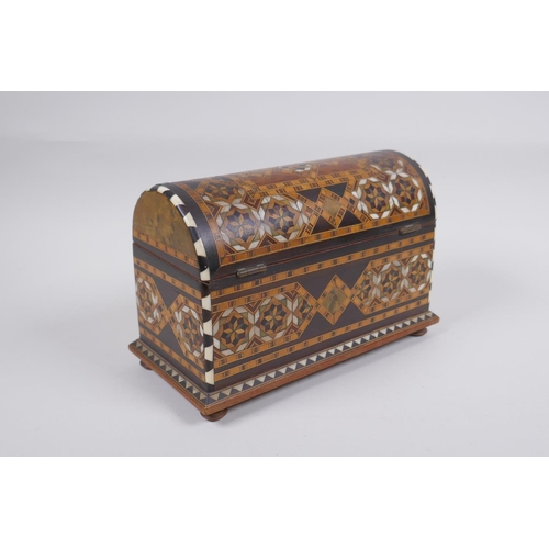 127 - An antique parquetry inlaid jewellery casket, 21 x 10cm, 13cm high