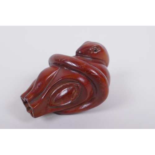 128 - Two Japanese carved boxwood netsuke in the form of a snake and a bat, signed, 5cm long