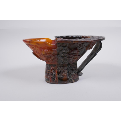 140 - A Chinese sectional horn libation cup with carved decoration of figures in a landscape, 19 x 15cm, 1... 