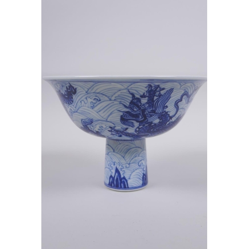 141 - A blue and white porcelain stem bowl with dragon decoration, Chinese Xuande 6 character mark to bowl... 