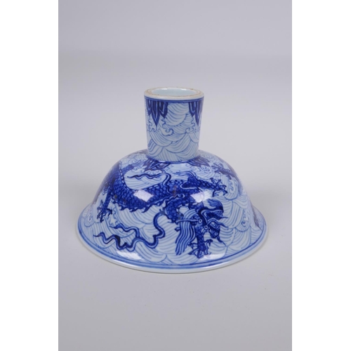 141 - A blue and white porcelain stem bowl with dragon decoration, Chinese Xuande 6 character mark to bowl... 