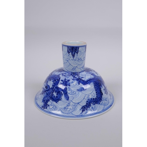 141 - A blue and white porcelain stem bowl with dragon decoration, Chinese Xuande 6 character mark to bowl... 