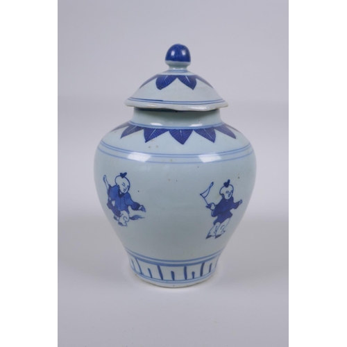 143 - An early C20th Chinese blue and white porcelain ginger jar and cover, decorated with children at pla... 