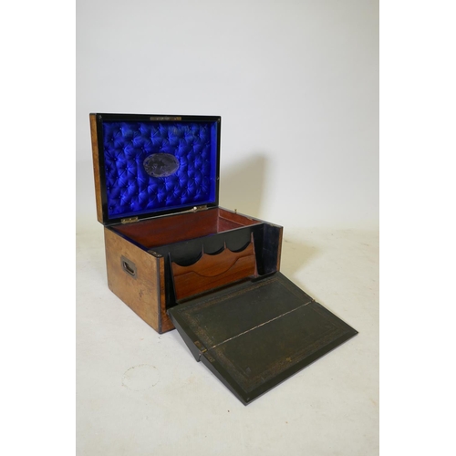 15 - A C19th walnut correspondence box with brass military style handles and mounts, and ebonised banding... 