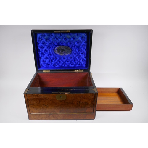 15 - A C19th walnut correspondence box with brass military style handles and mounts, and ebonised banding... 