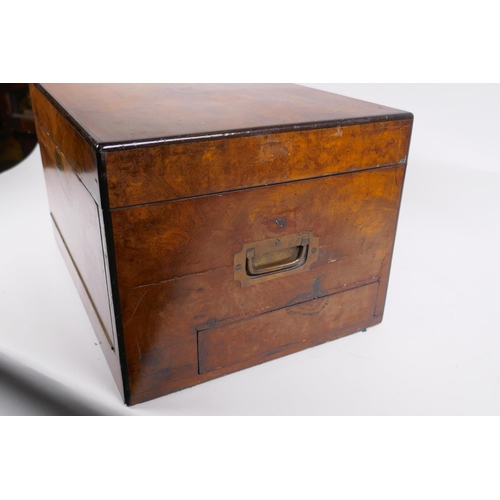 15 - A C19th walnut correspondence box with brass military style handles and mounts, and ebonised banding... 