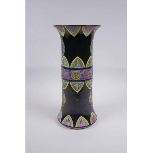 155 - A famille noir porcelain gu shaped vase with phoenix and lotus flower decoration, Chinese YongZheng ... 