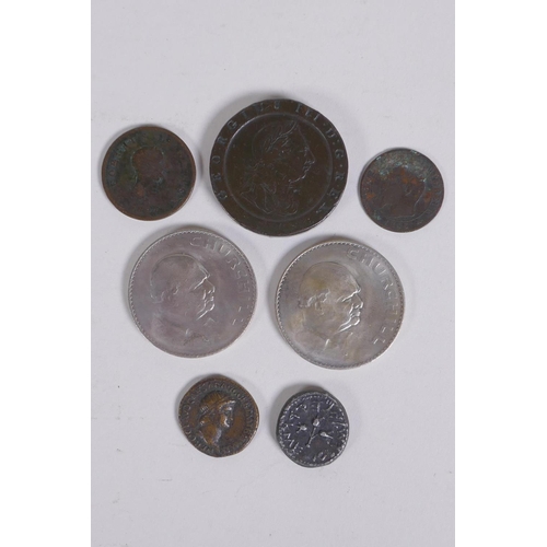 171 - A George III 1797 Cartwheel two pence piece, a George III 1807 half penny, two Churchill 1965 crowns... 