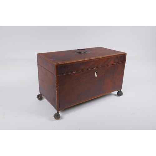 174 - A C19th mahogany tea caddy with banded inlay and brass ball and claw feet, 33 x 18cm 19cm high