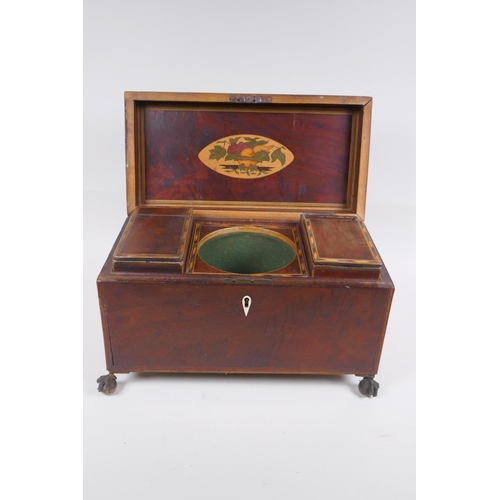 174 - A C19th mahogany tea caddy with banded inlay and brass ball and claw feet, 33 x 18cm 19cm high