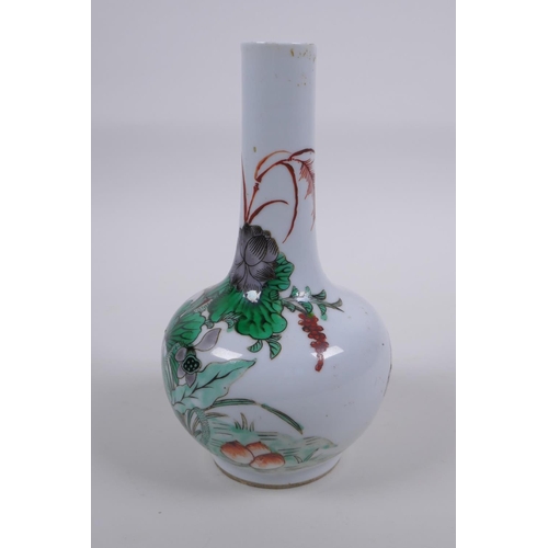 18 - A C19th Chinese famille vert porcelain bottle vase with lotus flower decoration, 18cm high