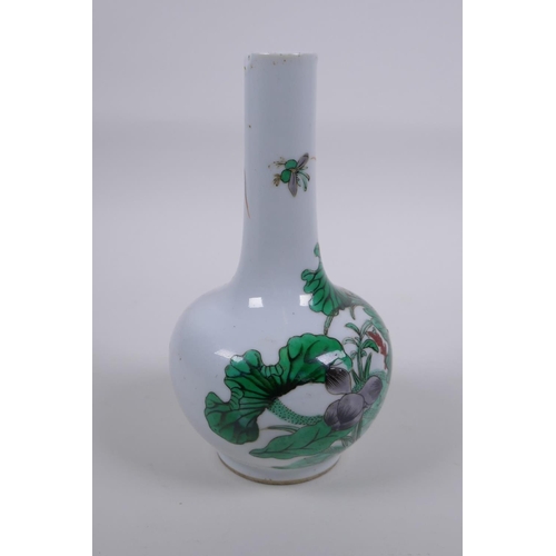 18 - A C19th Chinese famille vert porcelain bottle vase with lotus flower decoration, 18cm high