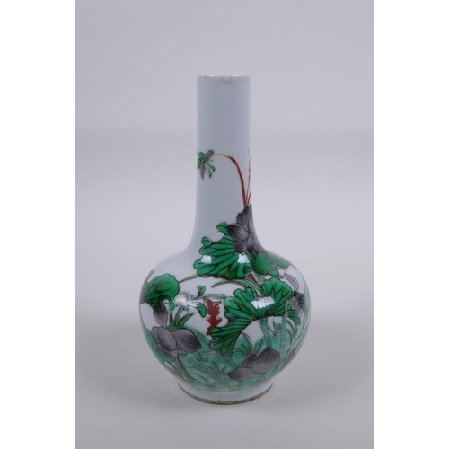 18 - A C19th Chinese famille vert porcelain bottle vase with lotus flower decoration, 18cm high