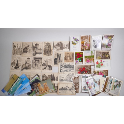 182 - A quantity of late C19th and C20th postcards including engravings of German landmarks, greetings car... 