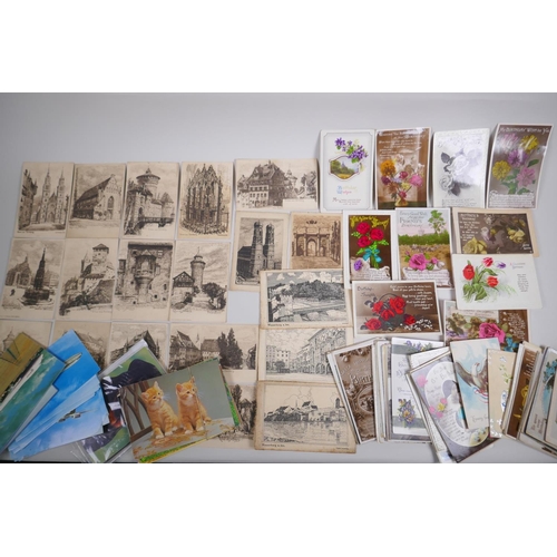 182 - A quantity of late C19th and C20th postcards including engravings of German landmarks, greetings car... 