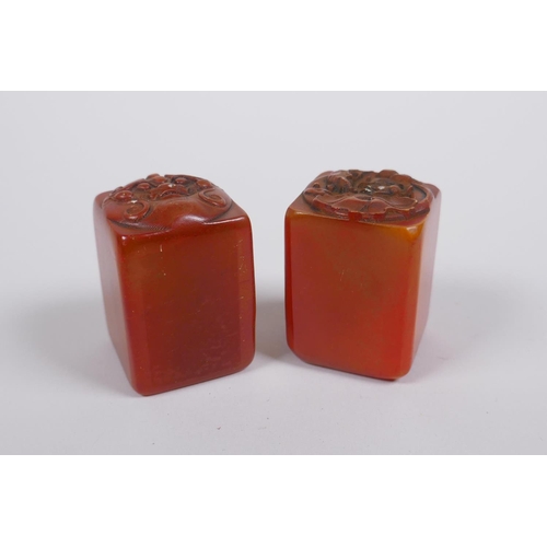 183 - A pair of Chinese amber soapstone seals with dragon mask and lotus pad decoration, 3 x 3cm, 4cm high